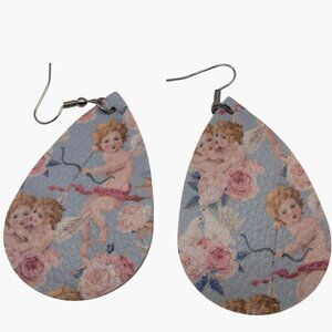 Cupid Valentine Earrings Teardrop Faux Leather Angel Victorian Floral Print New